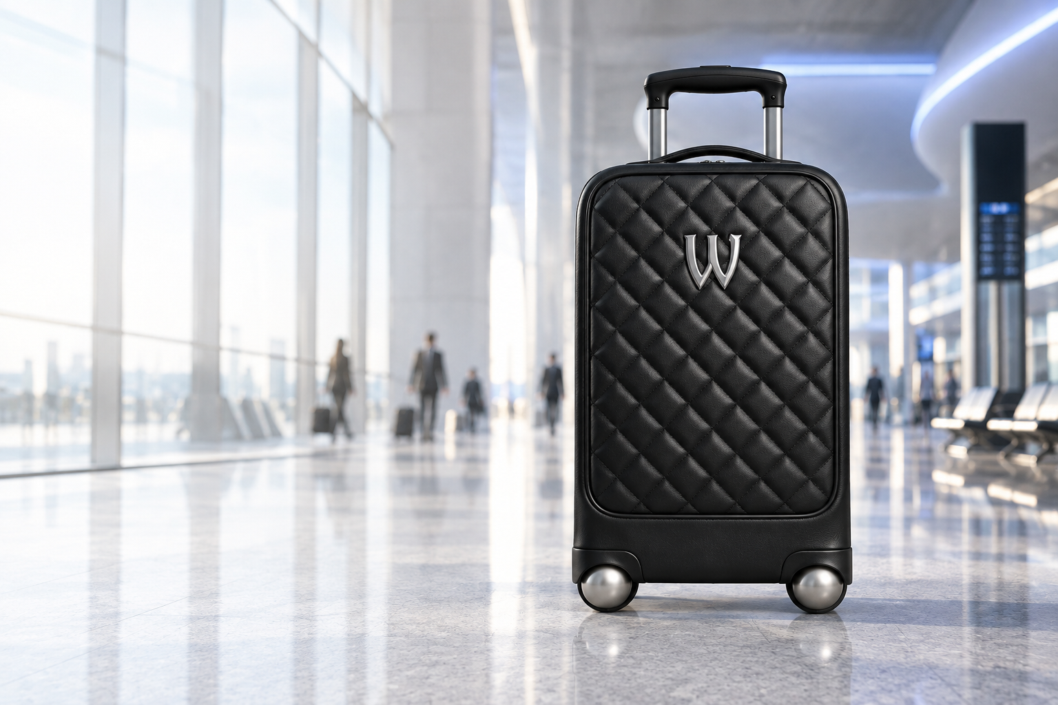 WAYLUX quilted hardside carry on with sphere wheels in a bright airport terminal