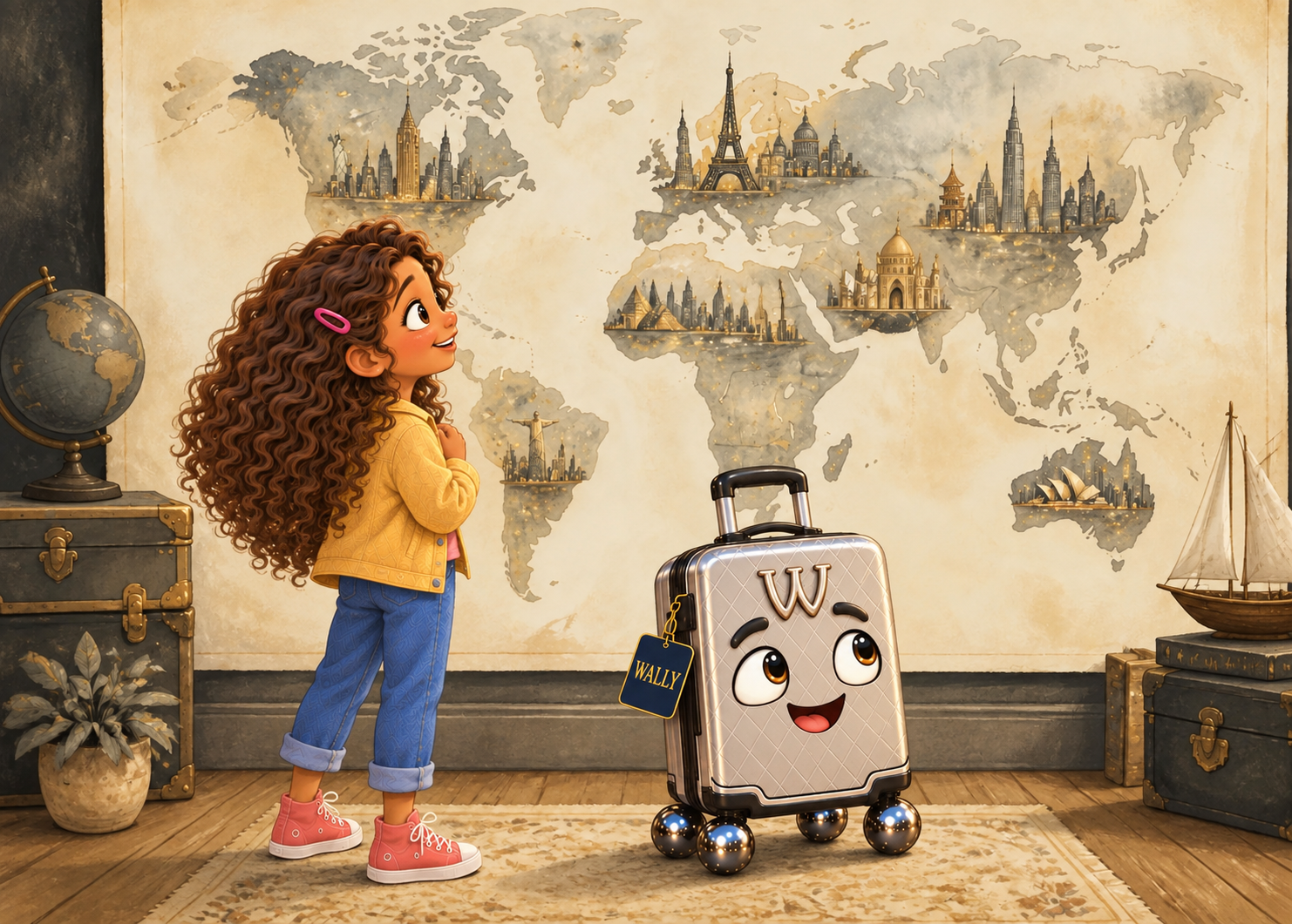 Illustration of WALLY the little suitcase and Emerson looking at a world map